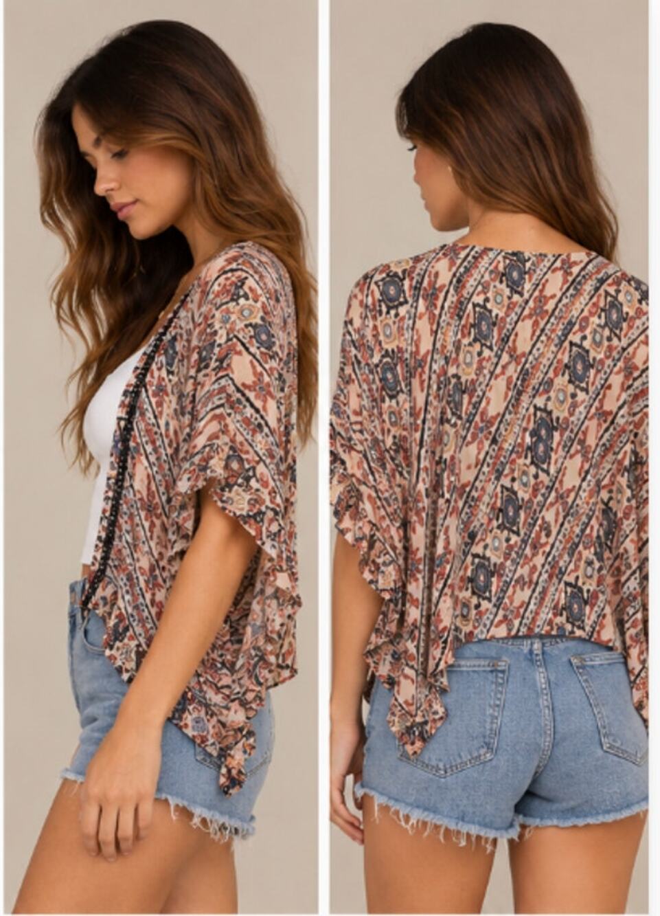 Angie Y2K Boho Short Kimono Top S Rayon Tribal Print Dolman Sleeve Open Front